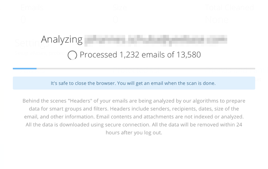 Bei der Einrichtung analysiert Cleanemail alle E-Mail-Header des Postfachs. (Screenshot: Cleanemail)
