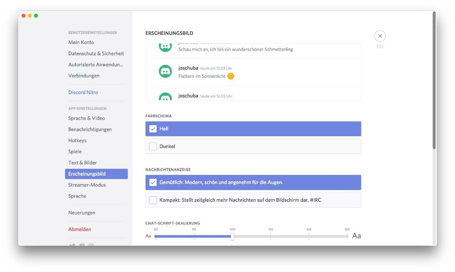 Die Einstellungen bieten neben einigen Optionen zur Individualisierung auch ein helles Theme an. (Screenshot: Discord)