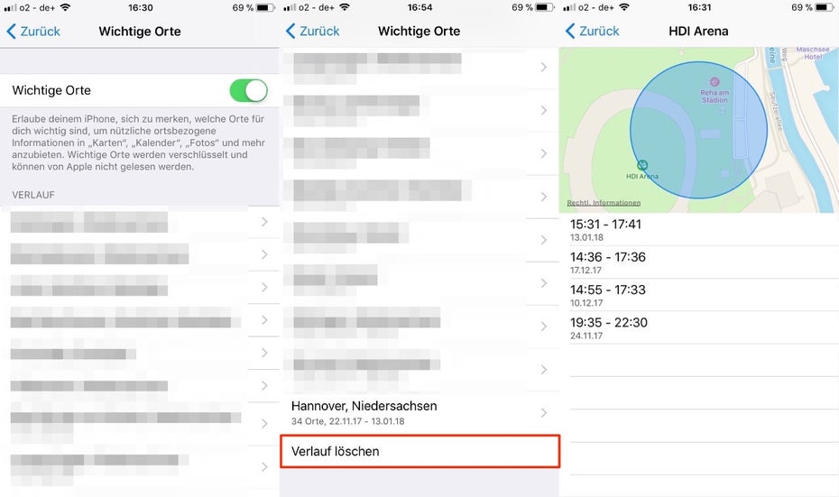 Die Einstellungen listen alle Städte auf. Innerhalb derer sind genaue Orte sowie Uhrzeiten zu sehen. Die Funktion lässt sich komplett deaktivieren, alternativ können Nutzer einzelne Städte oder Orte löschen. (Screenshot: iOS)