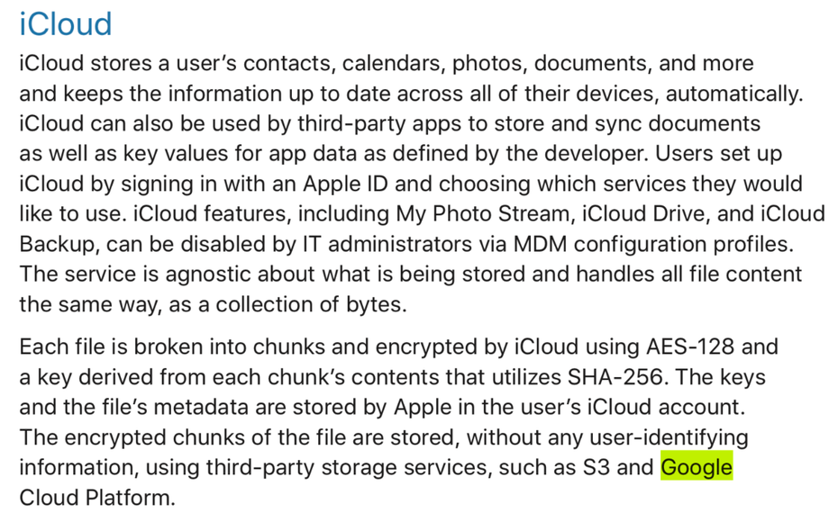 Hinweis auf Google im „iOS Security Guide” (Screenshot mit Hervorhebung)