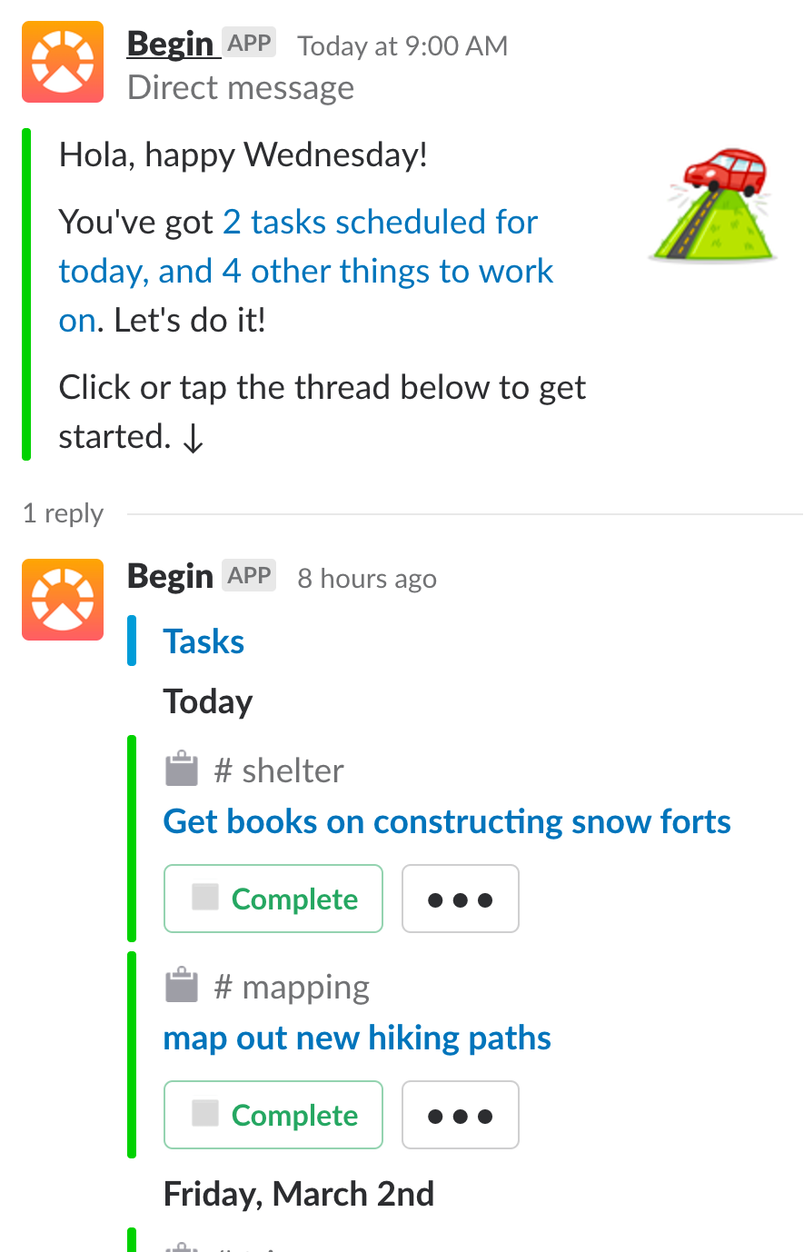 Das tägliche Update in Slack (Screenshot: Begin/Small Wins)
