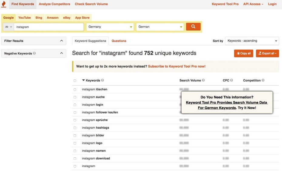 Keyword-Recherche Tools: Keywordtool.io
