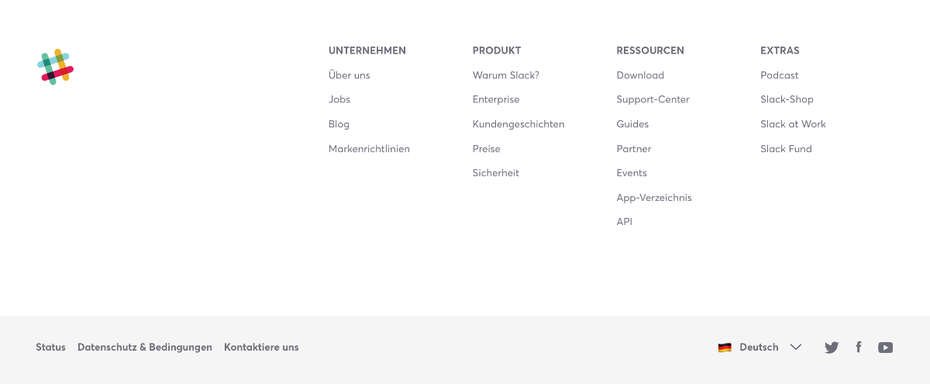 Alle sekundären Funktionen von Slack offenbaren sich im Footer. (Screenshot: Slack/t3n.de)