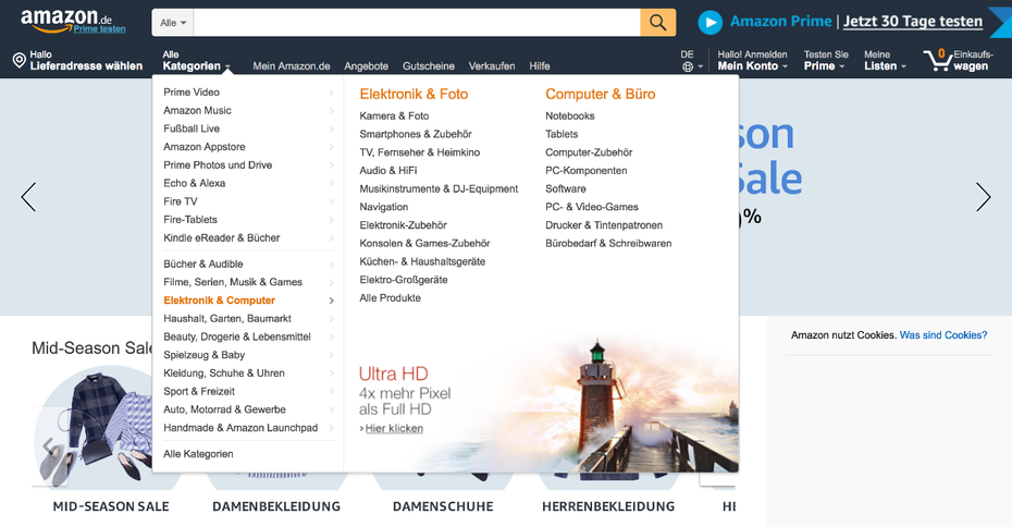 Auch Amazon setzt ein Mega-Menü ein, um möglichst viele Kategorien sichtbar zu machen. (Screenshot: Amazon/t3n.de)