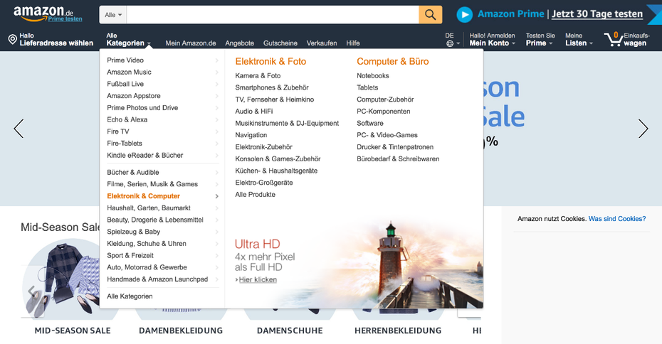 Häufig von Onlineshops genutzt: Drop-Down-Menüs. Doch sind sie wirklich notwendig? (Screenshot: Amazon/t3n.de)