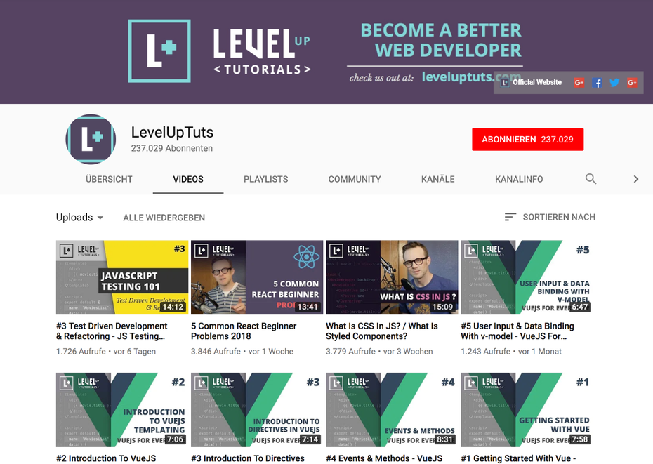 Der Kanal Level-Up-Tuts bietet auch Videos zu Content-Management-Systemen wie WordPress oder Drupal. (Screenshot: t3n.de)