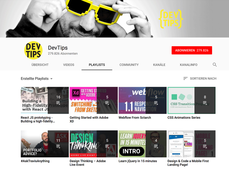 Dev-Tips hat Grundlagen-Videos über HTML und CSS, aber auch über React. (Screenshot: t3n.de) 