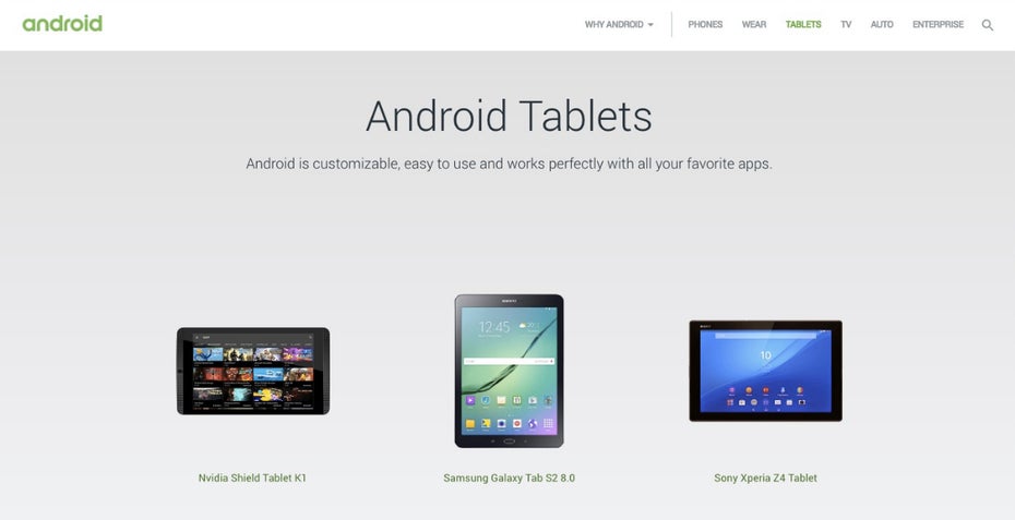 Zuletzt waren in der Android-Tablet-Übersicht veraltete Geräte aufgelistet. (Screenshot: <a href="https://web.archive.org/web/20180531184255/http://www.android.com/tablets/">Archive.org</a>