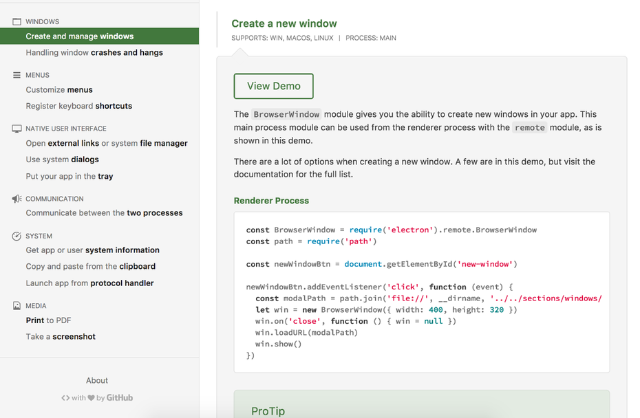 Die Electron-Demo-App veranschaulicht die ersten Schritte mithilfe von ausführbaren Code-Schnipseln. (Screenshot: t3n.de)