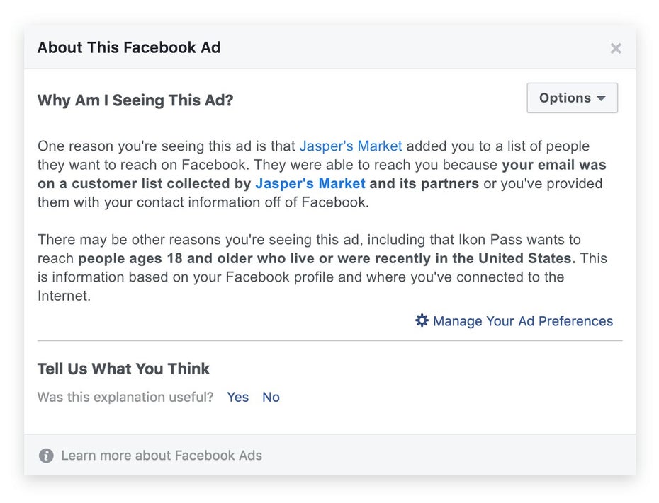 Facebook informiert Nutzer zukünftig über die Herkunft von Custom Audiences. (Screenshot: Facebook)