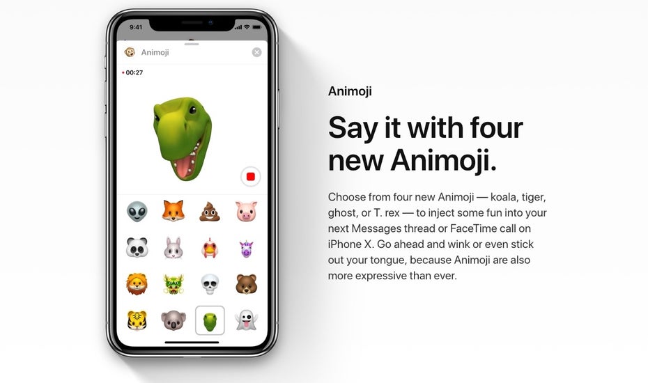 iOS 12 bringt vier neue Animoji: Koala, Tiger, Geist und T. Rex. (Screenshot: Apple)