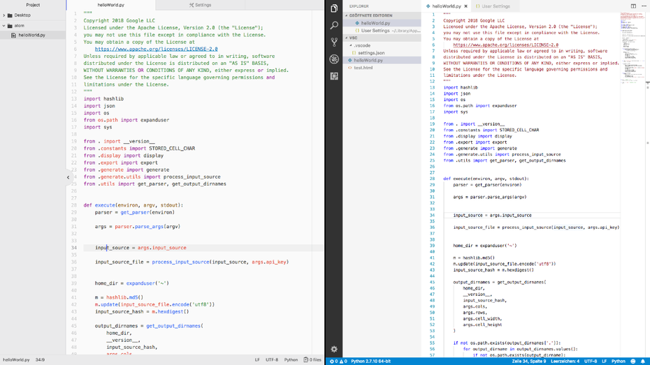 Beide Code-Editoren in einem hellen Design. Links Atom, rechts VS-Code. (Screenshot: t3n.de)