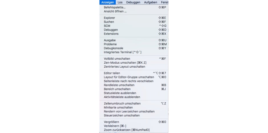 Das Menü „Anzeigen“ ist unaufgeräumt und bringt teils obskure Menüpunkte zum Vorschein. (Screenshot: t3n.de)