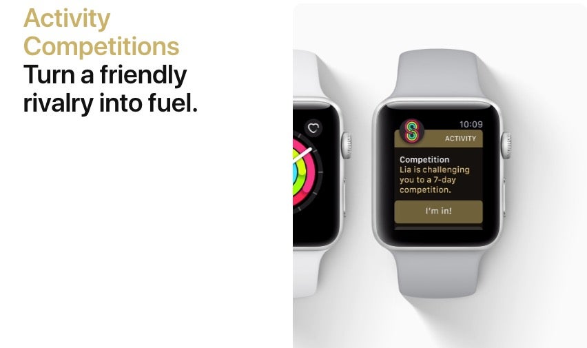 Neu in watchOS 5: Künftig könnt ihr euch mit euren Freunden bei euren Trainingseinheiten messen. (Screenshot: Apple)