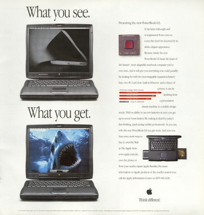 Eine Anzeige für einen frühen Apple Laptop.