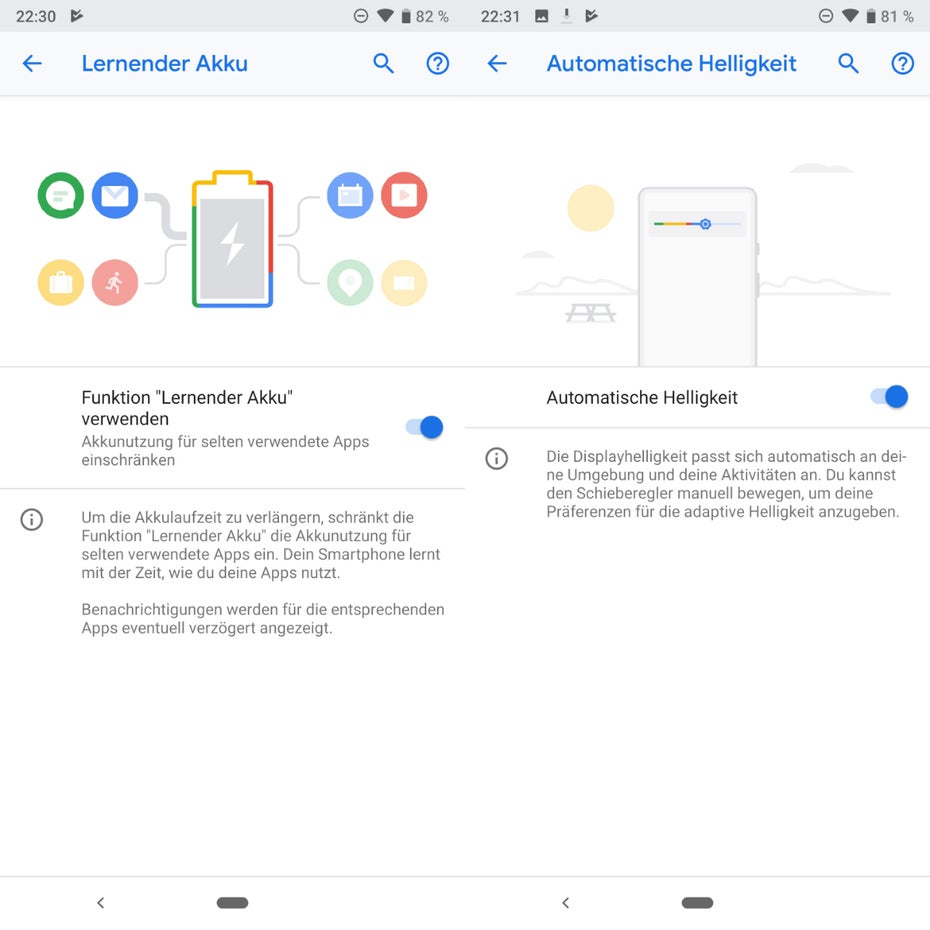 Android 9 Pie mit KI-Funktionen zur Optimierung von Akkulaufzeit und Displayhelligkeit. (Bild: t3n.de)