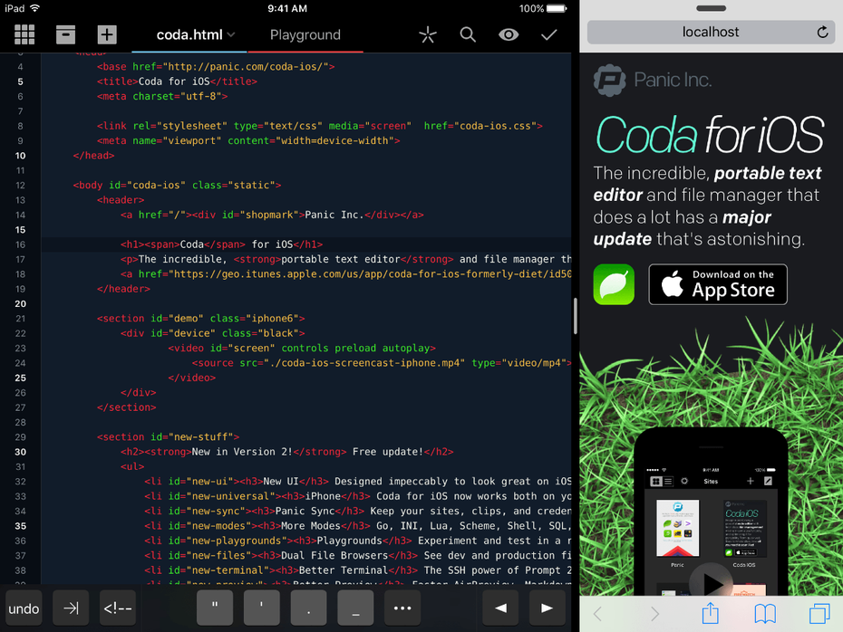 Eine HTML-Vorschau von Coda auf dem iPad in der Split-View. (Screenshot: Panic)