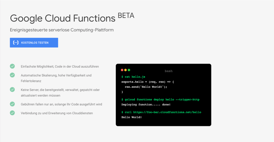 Auch Google bietet mit Cloud-Functions eine Lösung für Serverless Computing an. (Screenshot: t3n.de/Google)