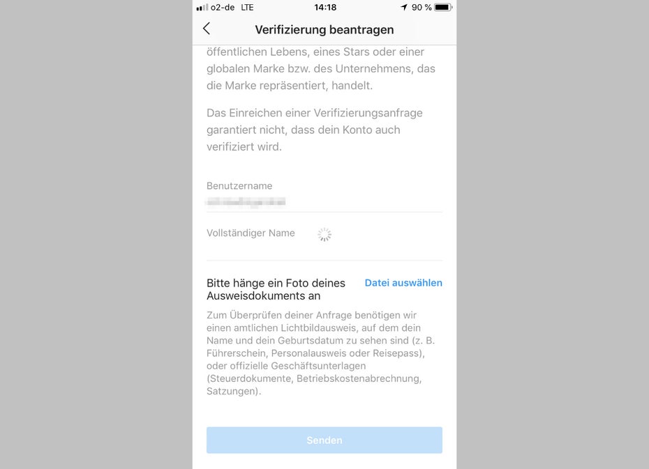 Auch in Deutschland könnt ihr die Verifikation eures Instagram-Kontos beantragen. (Screenshot: Instagram für iOS / t3n)