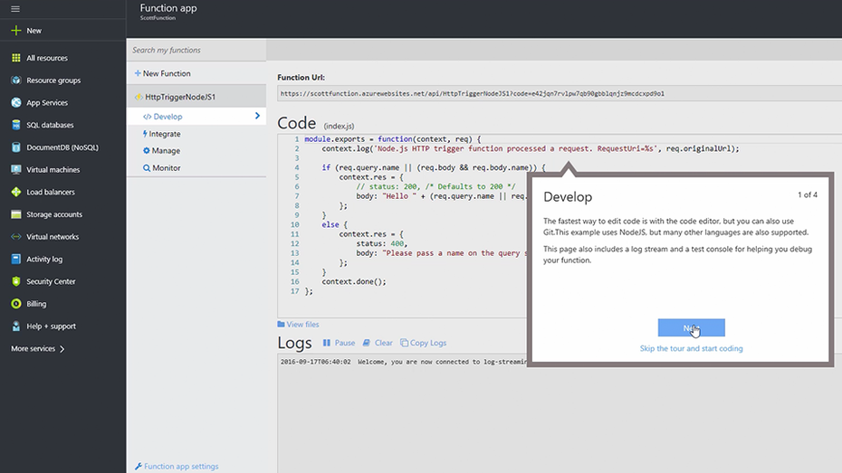 Das Dashboard von Microsoft Azure Functions. (Screenshot: Microsoft)