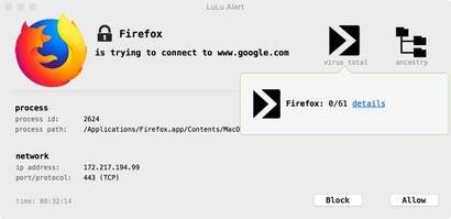 Lulu ist eine macOS-Firewall, die ausgehenden Traffic auf Applikationsbasis blockieren kann. Praktischerweis kann die Software den Hash-Wert jedes Programms mit einem Klick mit der Virus-Total-Datenbank abgleichen. So seht ihr direkt, ob eine Software, die Kontakt zum Internet herstellen möchte, von Anti-Viren-Programmen als Gefahr eingestuft wird. Lulu ist kostenfrei und der Quellcode kann auf Github eingesehen werden. (Screenshot: Objective-See)