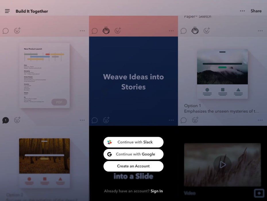 Ende letzten Jahres startete Fiftythree die App Paste, mit der Teams kinderleicht schicke Präsentationen erstellen können sollen. (Screenshot: Paste / t3n)