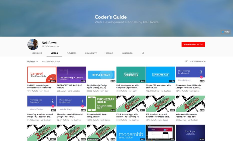 Der Youtube-Kanal Coder's Guide von Neil Rowe. (Screenshot: t3n.de)