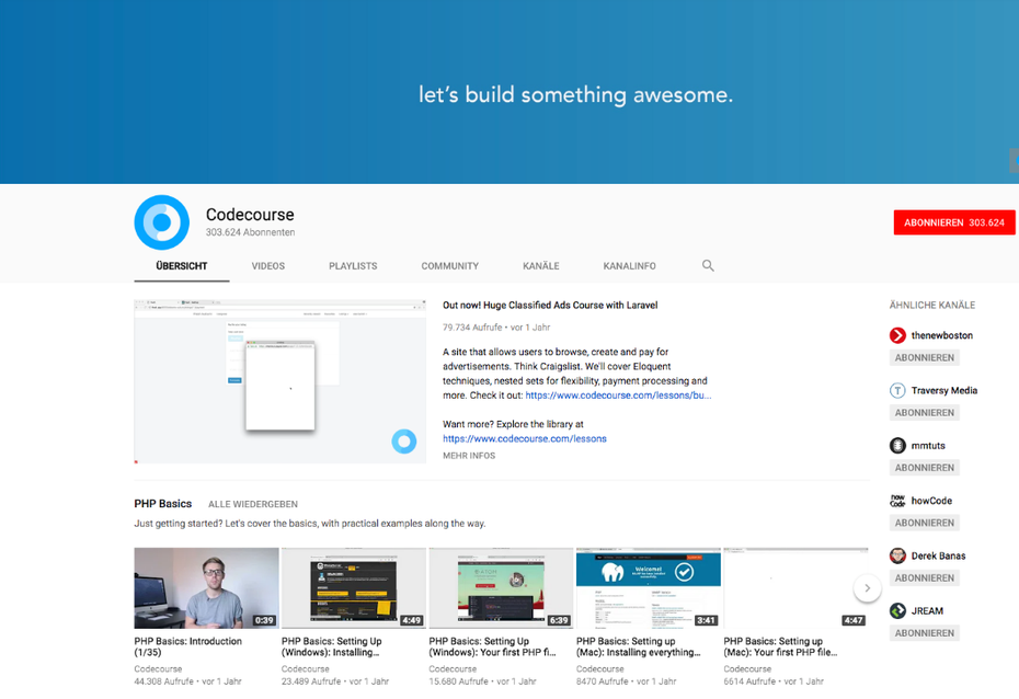 Der Youtube-Kanal Codecourse macht fast ausschließlich Videos zum Thema PHP. (Screenshot: t3n.de)