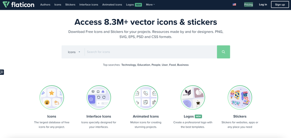 Die Startseite des Icon-Dienstes Flaticon. Nutzende können hier zwischen verschieden Icon-Typen sowie Logos und Stickern wählen.