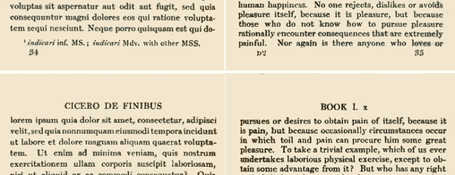 Diese Ausgabe von Ciceros „De finibus“ zeigt den Seitenumbruch und die dadurch entstehende Trennung des Wortes „dolorem“. (Bild: Wikipedia/Harvard University Press)