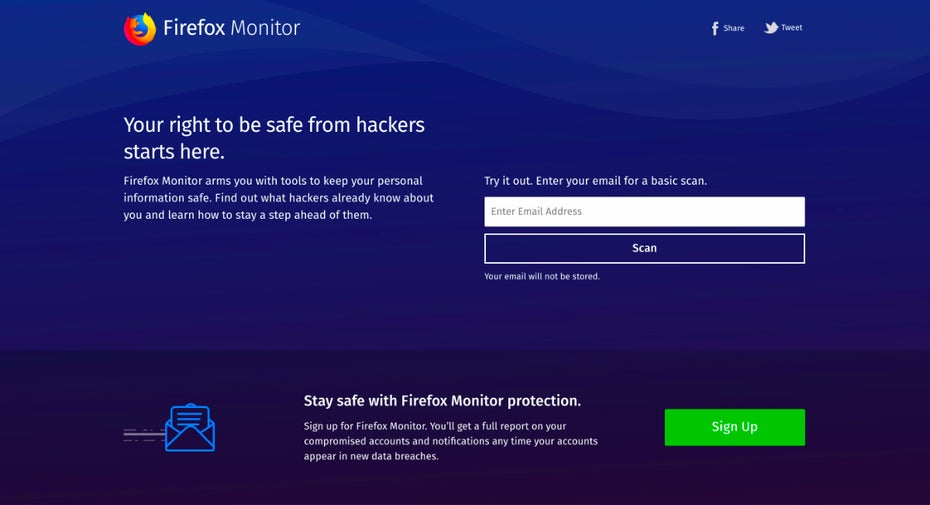 Kooperation mit Have i been pwned: Firefox Monitor überprüft, ob ihr von einem Datenleck betroffen seid. (Screenshot: Mozilla)