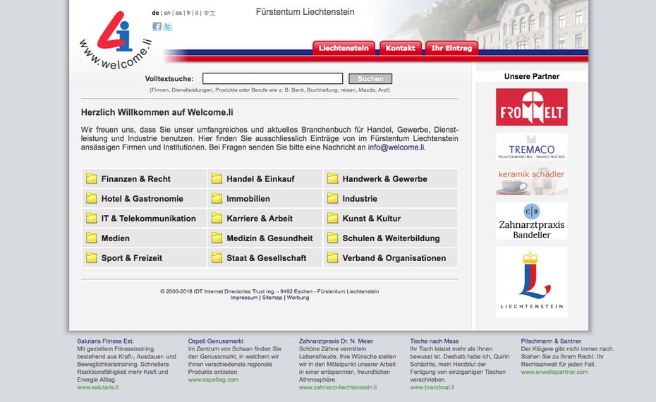 Auch Liechtenstein hat ein durchsuchbares Web-Verzeichnis am Start. (Screenshot: welcome.li)