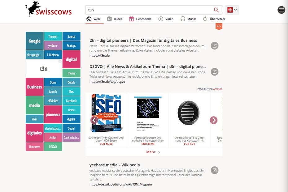 Schweizer Google-Alternative Swisscows setzt auf Datenschutz und Familienfreundlichkeit. (Screenshot: Swisscows)