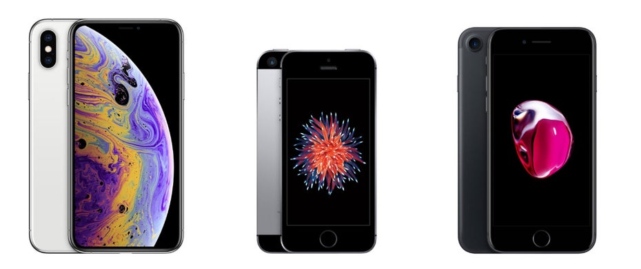 iPhones im Größenvergleich (v.l.n.r.): iPhone Xs, iPhone SE und iPhone 7 (Screenshot: Apple)