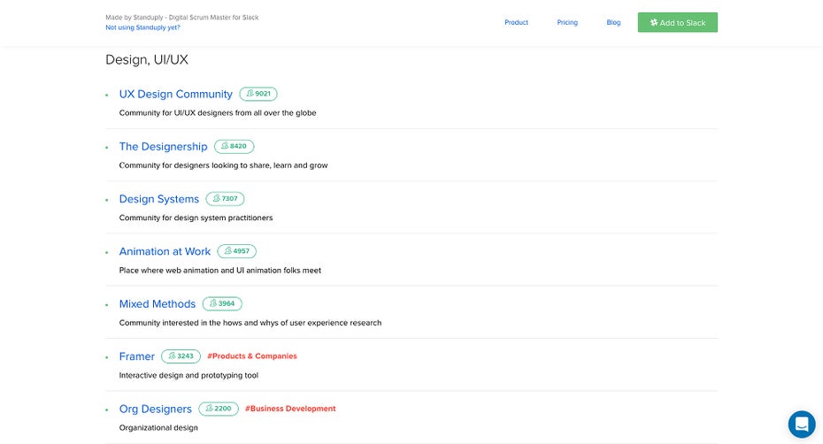 Im Slack-Gruppen-Verzeichnis von Standuply finden sich Chats zu allen möglichen Themen. (Screenshot: standuply.com/slack-chat-groups)