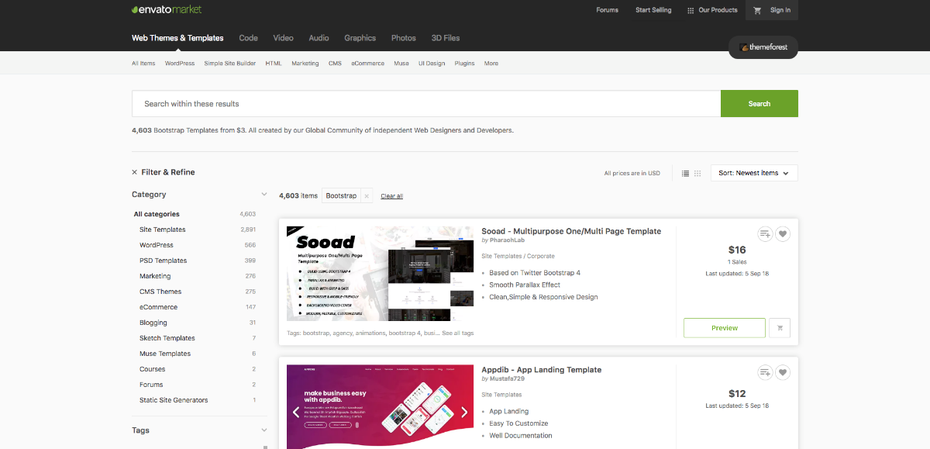 Themeforest bietet auch tausende Premium-Bootstrap-Themes an. (Screenshot: t3n.de)