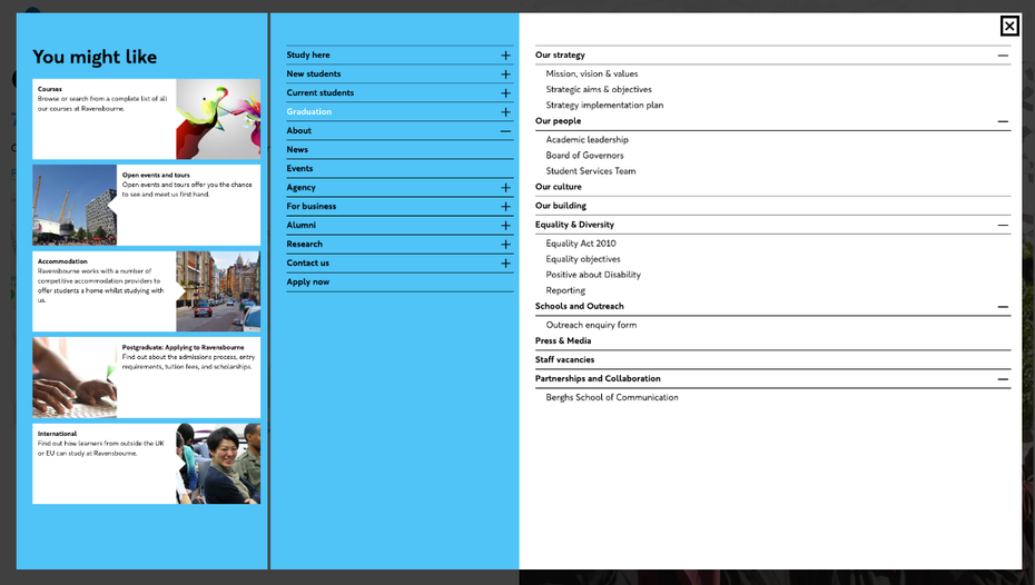 Das eher unübersichtlichere Mega-Hamburger-Menü der Ravensbourne University London. (Screenshot: t3n.de/Ravensbourne University London)