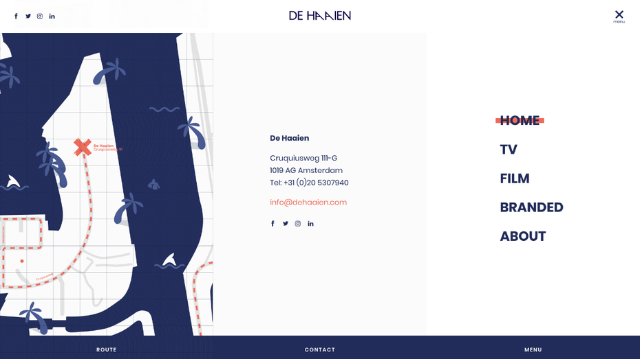 Die Videoproduktion De Haaien aus Amsterdam unterteilt ihr Menü in drei Spalten mit zentralen Navigations-Punkten und den Kontaktdaten. (Screenshot: t3n.de/De Haaien)