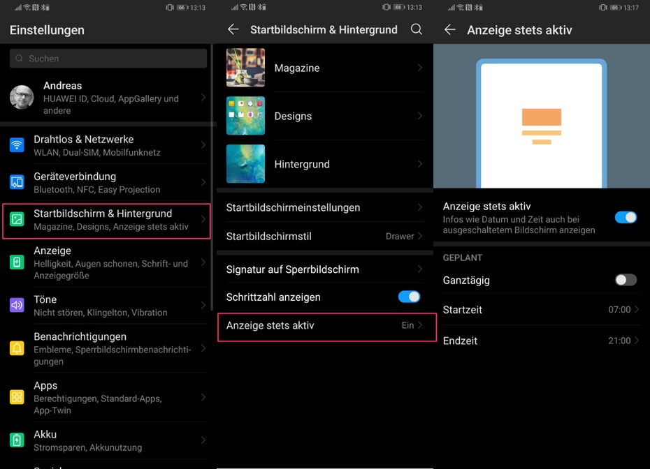Die Always-on-Display-Funktion nennt Huawei unter EMUI 9 „Anzeige stets aktiv“. (Screenshots: t3n.de)