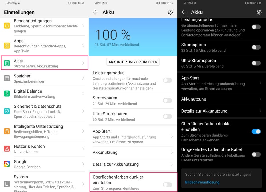 EMUI 9: So aktiviert ihr den Dark-Mode bei Huawei. (Screenshots: t3n.de)