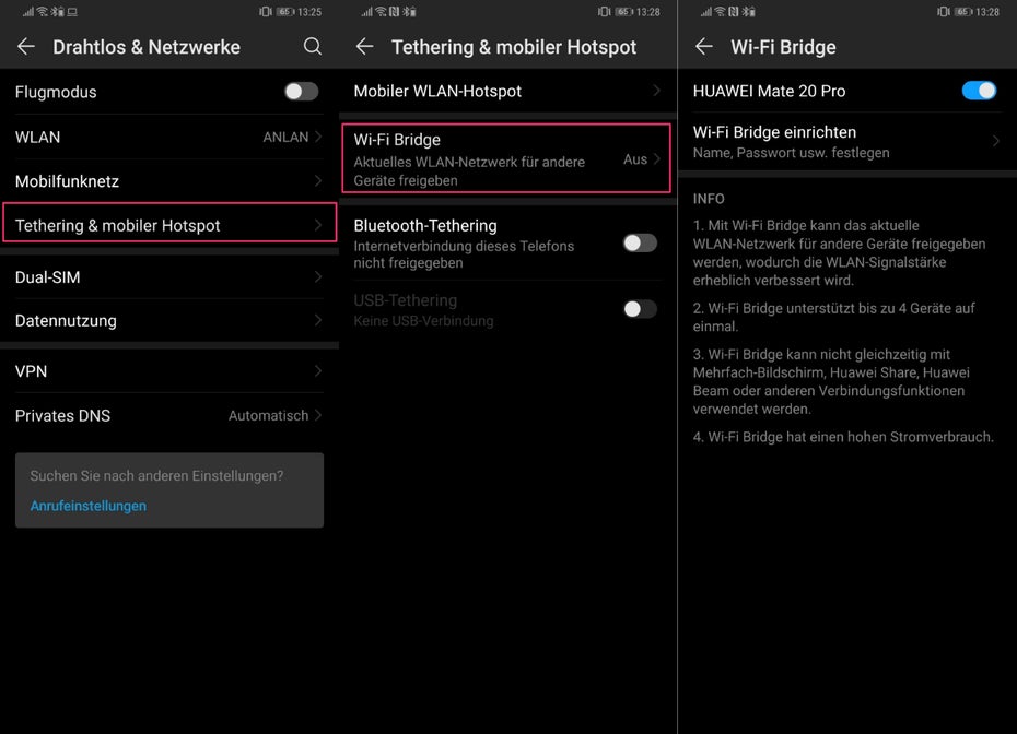EMUI 9 bietet eine Wifi-Bridge an, die das Smartphone zum Repeater macht. (Screenshots: t3n.de)