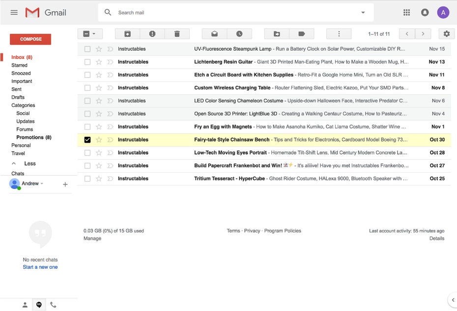 So sah Gmail vor der letzten UI-Veränderung aus. (Screenshot: Gmail / Andrew Powell)