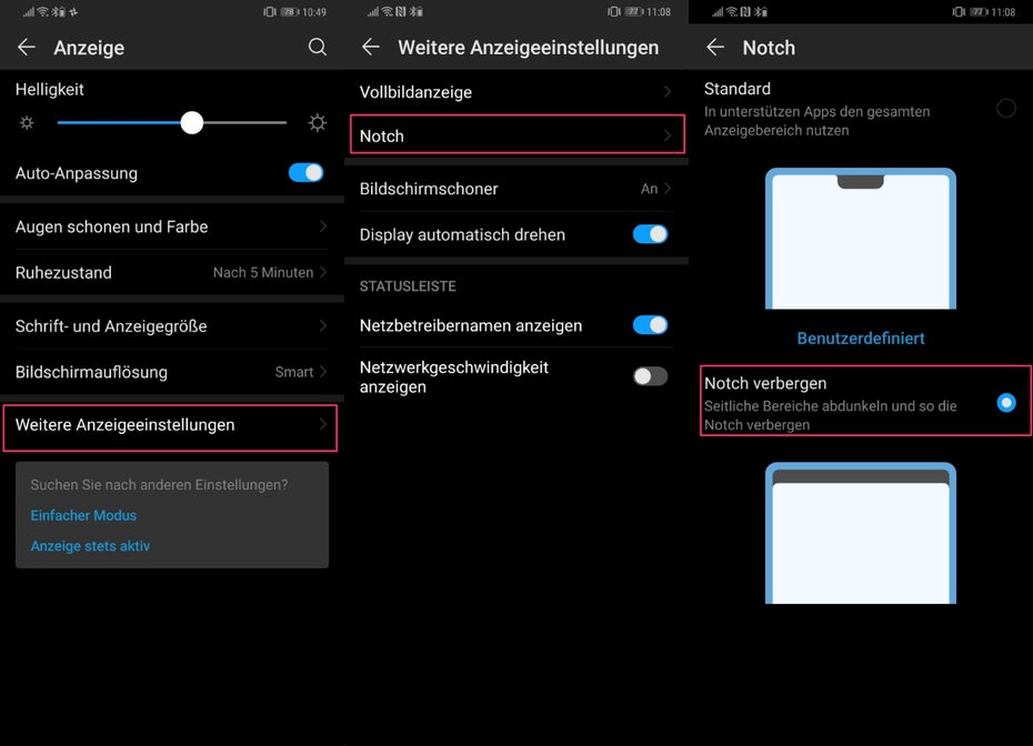 Weg mit der Notch des Huawei Mate 20 Pro. (Screenshots: t3n.de)