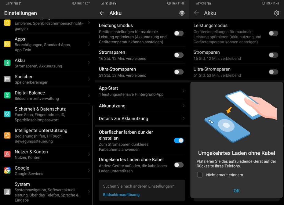 Das Mate 20 Pro kann als Akkupack für andere Smartphone mit Qi-Wireless-Unterstützung genutzt werden. (Screenshots: t3n.de)