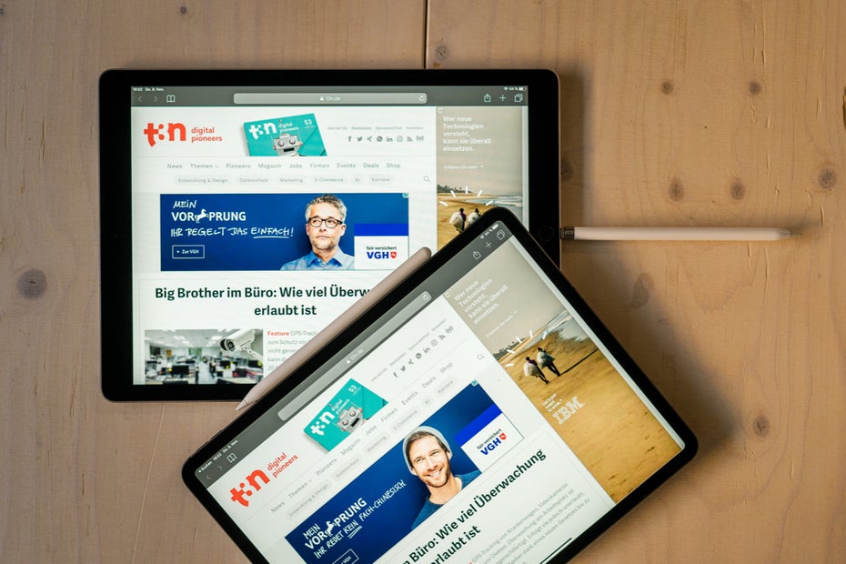 Oben liegend: das neue iPad Pro 12,9, darunter das Vorgängermodell. (Foto: t3n.de)