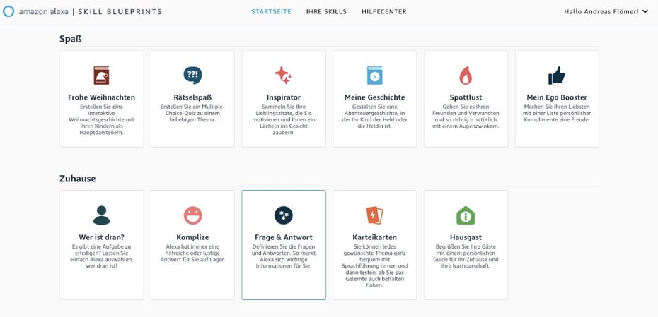 Zum Start in Deutschland der Alexa Skill Blueprints stehen euch elf Funktionen zur Auswahl. (Screenshot: t3n.de)