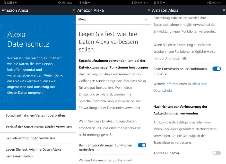 In der Alexa-App findet ihr etwas versteckt Einstellungen für mehr Datenschutz. (Screenshot: t3n)