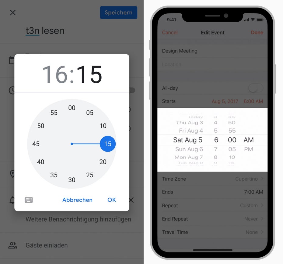 Android (links) und iOS (rechts) haben grundverschiedene Date-Picker. Hier sollte keine eigene Lösung gestaltet oder der Picker des anderen Systems kopiert werden. (Grafik: Apple/t3n)