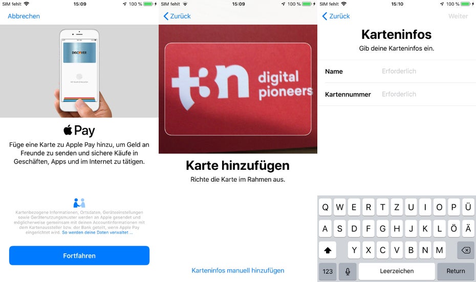 Kreditkarten lassen sich bei Apple Pay und Google Pay einfach einscannen. (Screenshots: t3n.de)