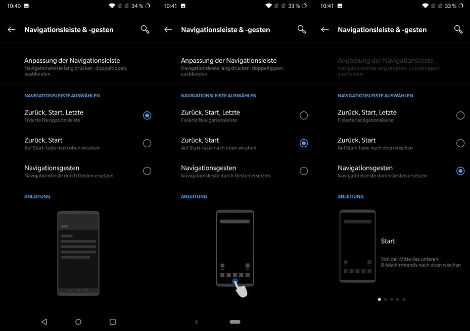 OxygenOS bietet mit Pie drei verschiedene Navigations-Optionen. (Screenshot: t3n.de)